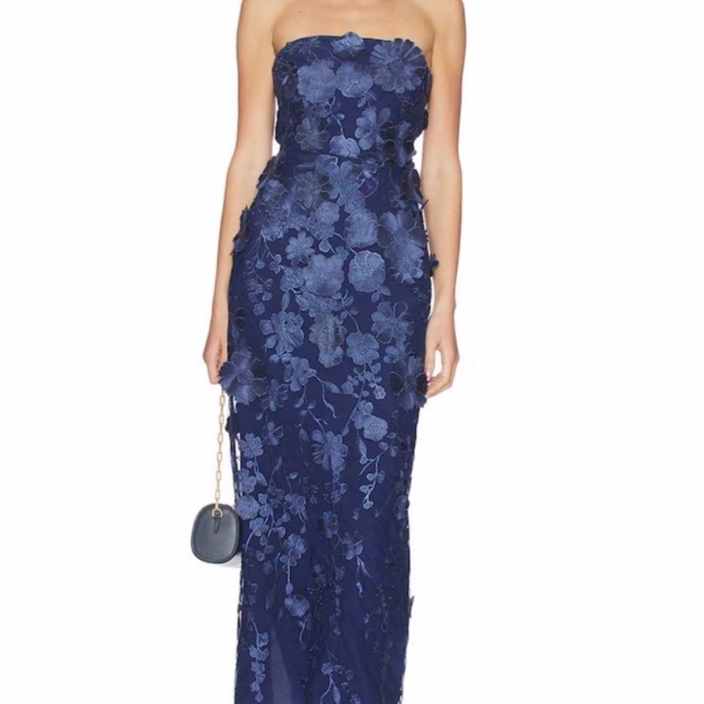REVOLVE Strapless Navy Floral Appliqué Maxi Dress